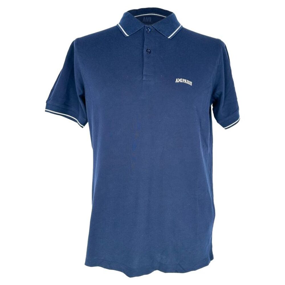 Ami Paris Logo-Embroidered Polo Shirt in Navy Blue Cotton